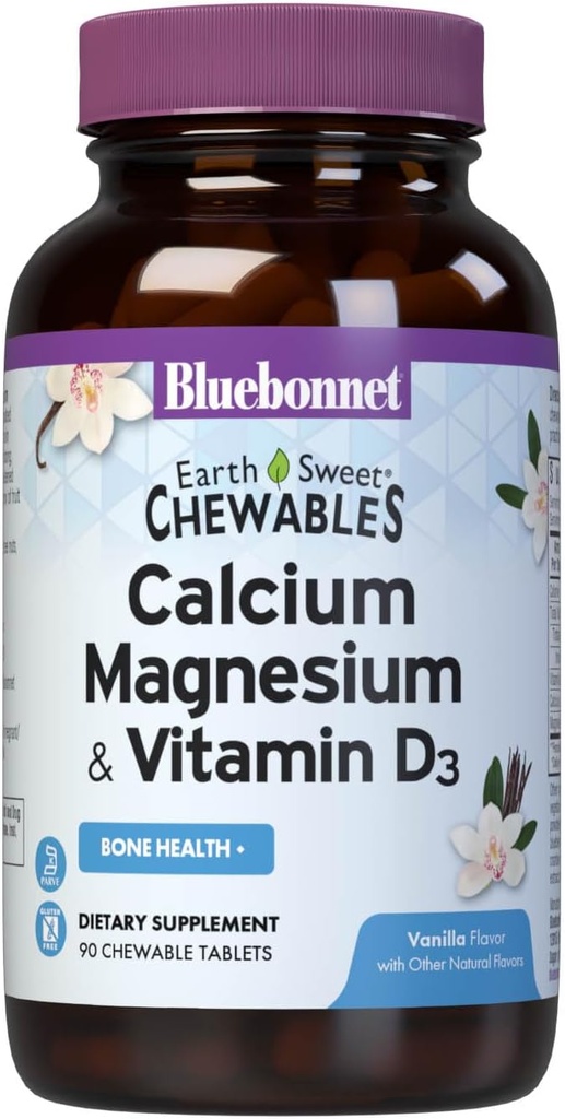 Bluebonnet Nutrition Calcium Magnesium Plus D3- vitamin Earthsweet, Knoglehelbred & Muskelafslapning, Soy- Free, Gluten- Free, Kosher Certified, Dairy- Free, 90 Vanilje Tyggetabletter