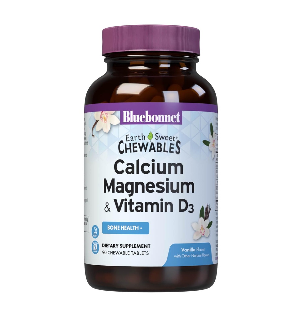 Bluebonnet Nutrition Calcium Magnesium Plus D3- vitamin Earthsweet, Knoglehelbred & Muskelafslapning, Soy- Free, Gluten- Free, Kosher Certified, Dairy- Free, 90 Vanilje Tyggetabletter
