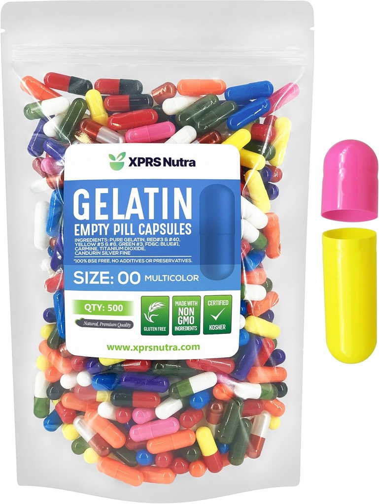 XPRS Nutra Størrelse 00 Tomme kapsler - 500 Greve Tomme Gelatine kapsler - Pille gør det - Kapselfyld - Fyldbar pillegel Caps til Do- It- Yourself Kosttilskud (Multi Color)