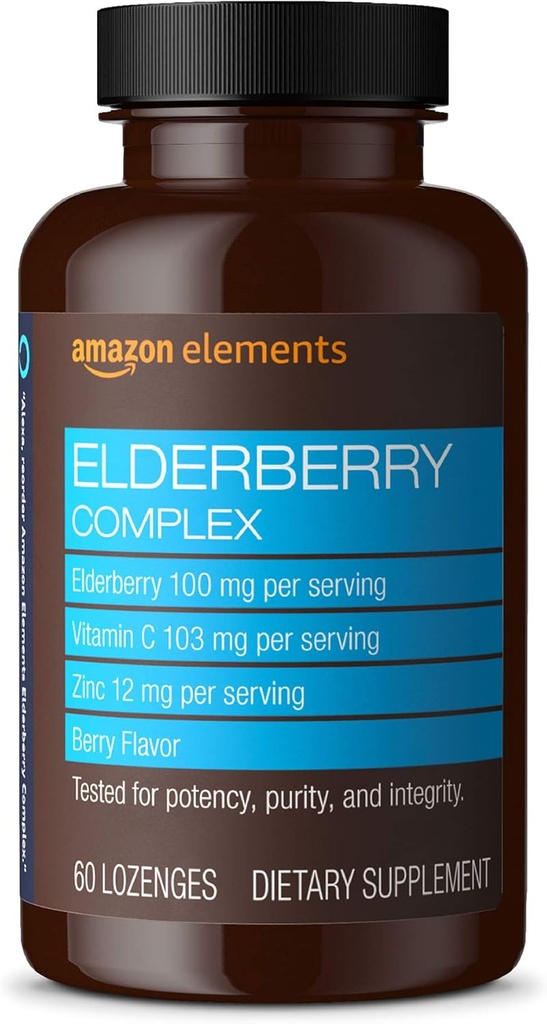   Elements Elderberry Complex, Immune System Support, 60 Berry Flavored Lozenges, Elderberry 100mg, Vitamin C 103mg, Zinc 12mg per Serving (Packaging may vary)