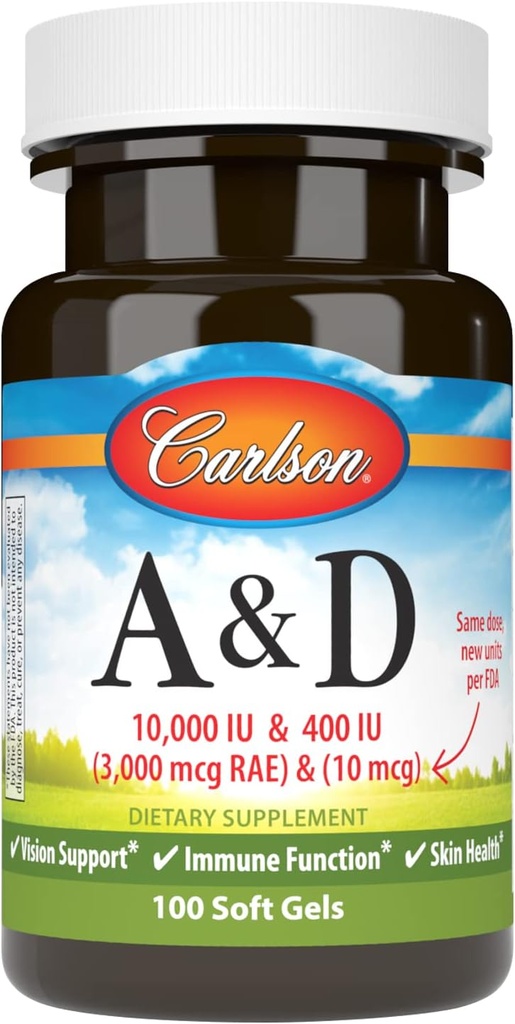 Carlson - A & D, 10000 IE (3000 mcg RAE) Vitamin A, 400 IE (10 mcg) D3- vitamin, Vision Support, Skin Health, 100 Soft Gels