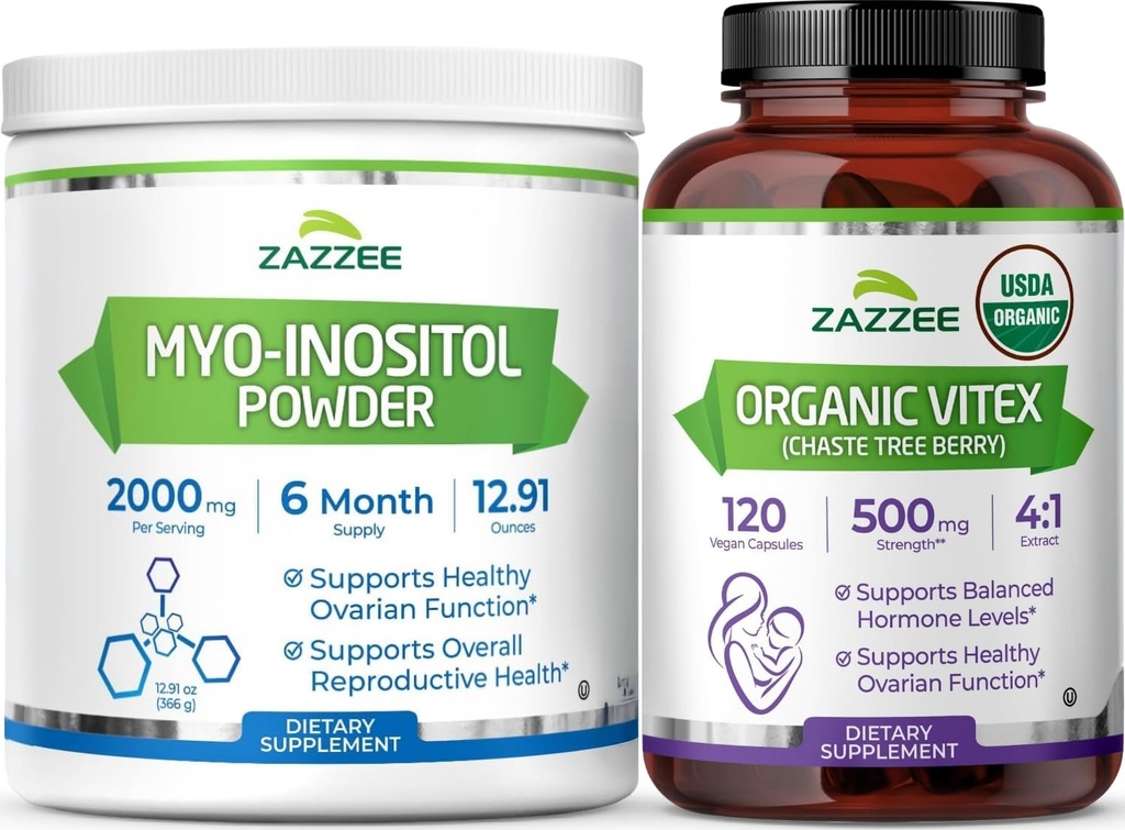 Zazzee Myo- Inositol Powder og USDA Organic Vitex Capsules, Vegan, All- Natural and Non- GMO