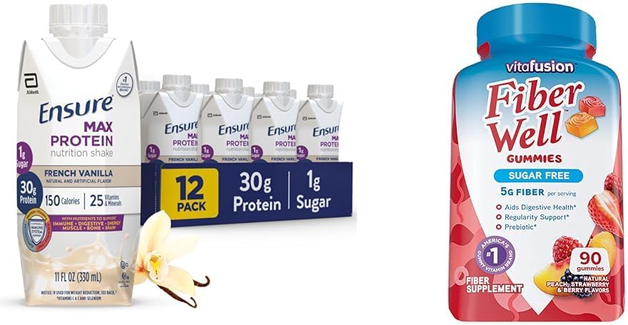 Ensure Max Protein Nutrition Shake with 30g Protein & Vitafusion Sugar Free Fiber Gummies, Peach/Strawberry/Blackberry, 90 Count