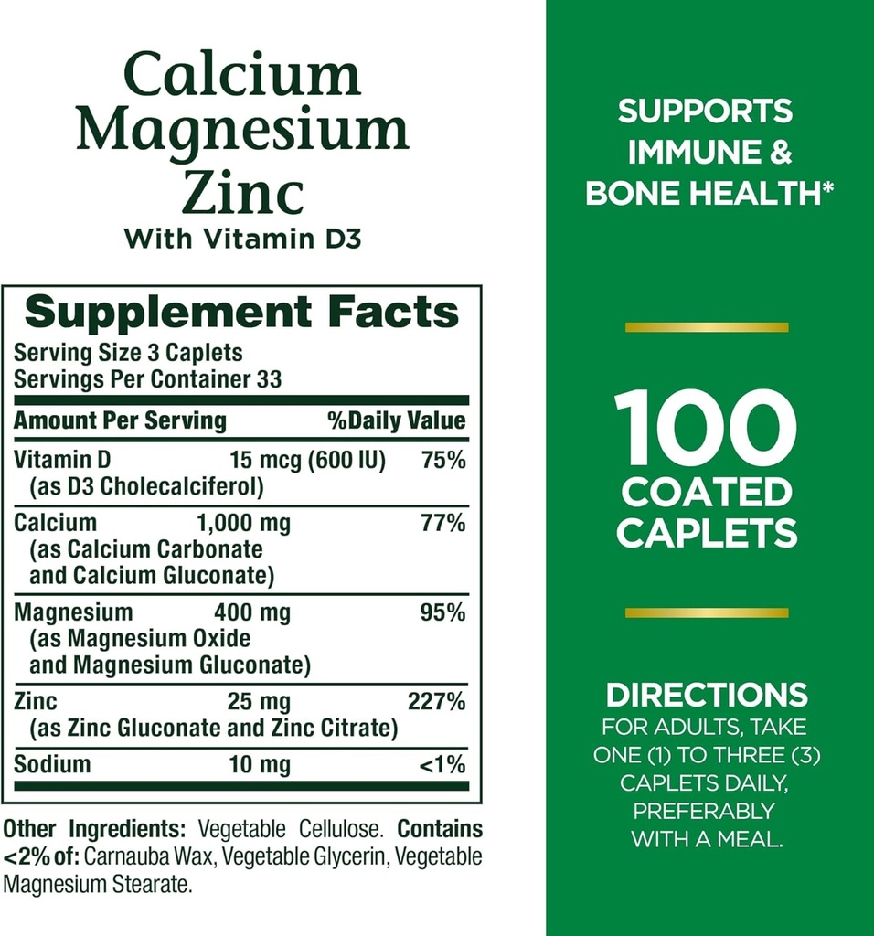 Nature 's Bounty Calcium Magnesium & Zink Caplets, Immuno & Supporting Bone Health, 100 Greve (pakke med 2)