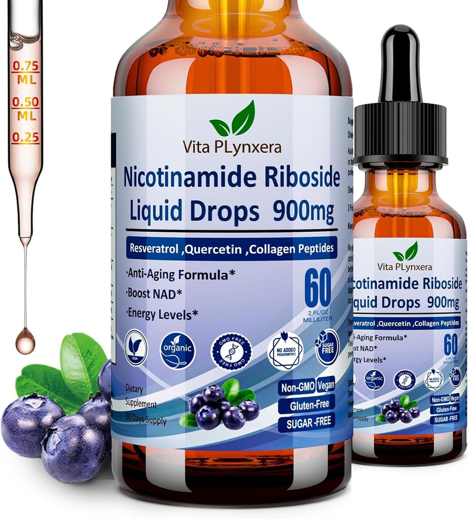 NAD Kosttilskud til kvinder & mænd, NAD Nicotinamid Riboside Resveratrol 900mg & Quercetin, Niacin, Collagen, Biotin, flydende NAD Plus supplement NR900 For Anti- Aging Skin Energy Longevity Focus Brain