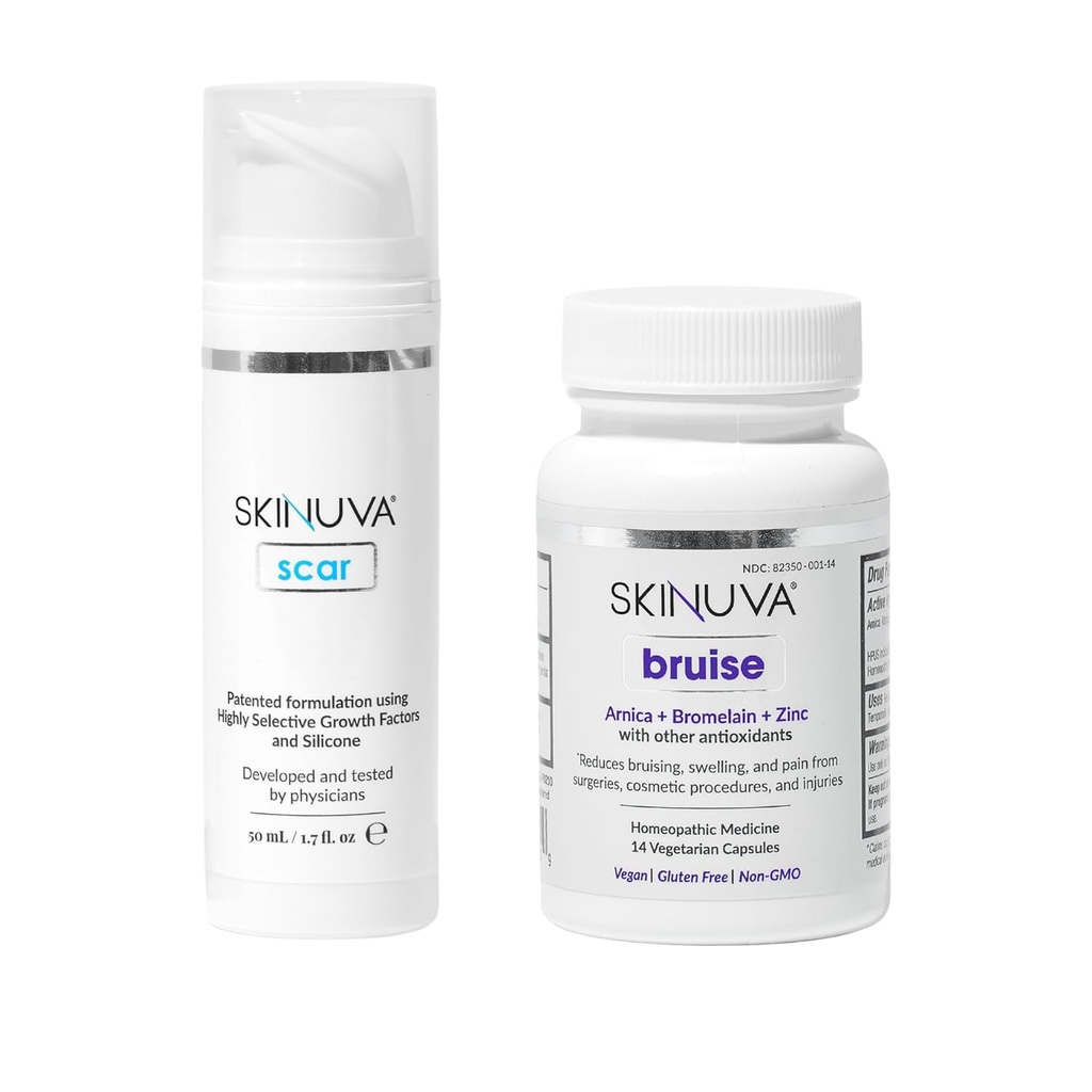 Skinuva ® Scar (1.7 oz) & Bruise (14 kapsler) - Advanced Silicone Cream Formuleret med vækstfaktorer & Homøopatisk Bruise Remedy Formuleret med Arnica, Bromelain & Zink