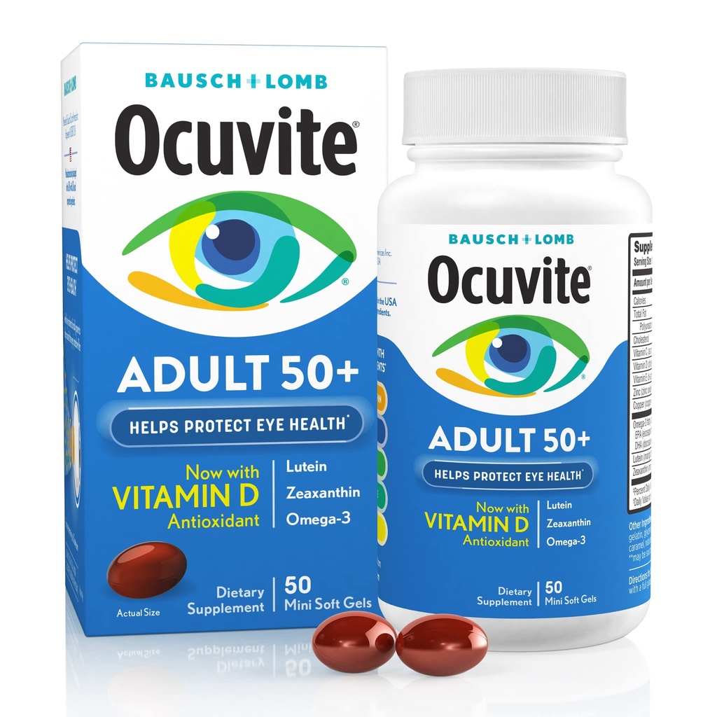 Ocuvite 50 + Eye Vitamin & Mineral Supplement, Multivitamin til Vision & Okulær Sundhed med Omega-3, Zink, Vitamin C & E, Lutein & Zeaxanthin, Zink Kosttilskud til kvinder og mænd, 50 Softgels