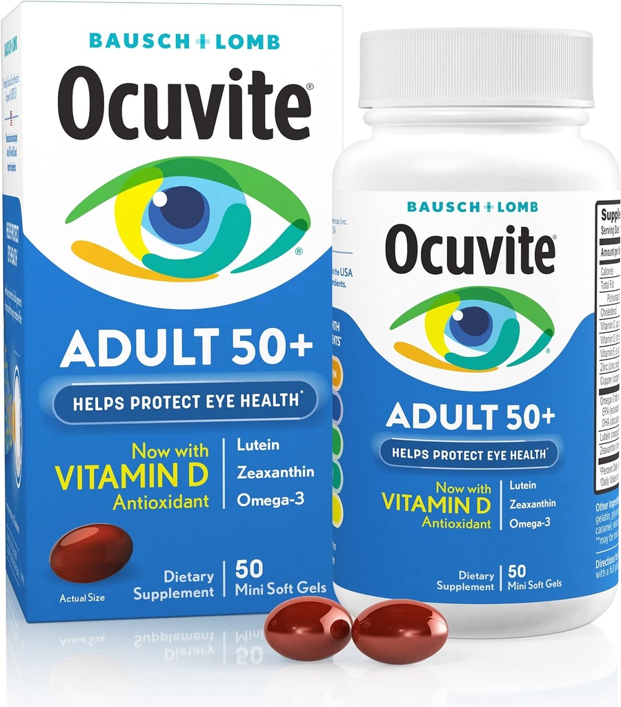 Ocuvite 50+ Eye Vitamin & Mineral Supplement, Multivitamin for Vision & Ocular Health with Omega-3, Zinc, Vitamins C & E, Lutein & Zeaxanthin, Zinc Supplements for Women and Men, 50 Softgels