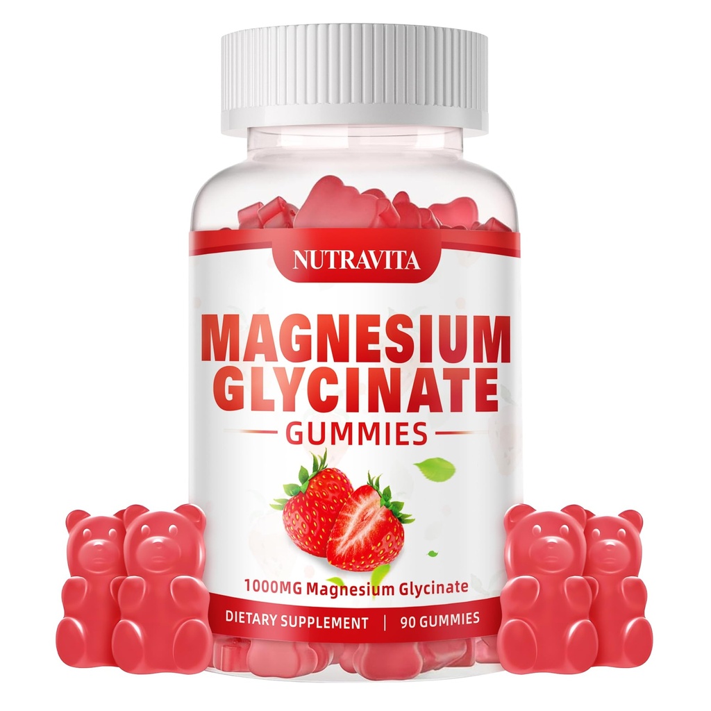 Magnesium Glycinat Gummies 1000mg med Magnesium L- Threonat, Chelated Magnesium Kalium Complex tillæg med VitD, B6, CoQ10, Calcium, Understøtninger til hukommelse, rolig, Mood - 90 Gummies Jordbær