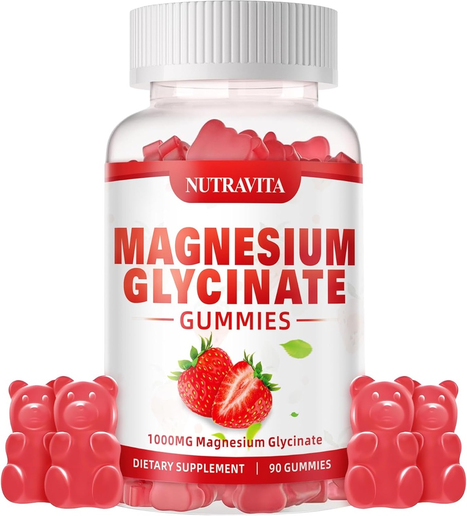 Magnesium Glycinat Gummies 1000mg med Magnesium L- Threonat, Chelated Magnesium Kalium Complex tillæg med VitD, B6, CoQ10, Calcium, Understøtninger til hukommelse, rolig, Mood - 90 Gummies Jordbær