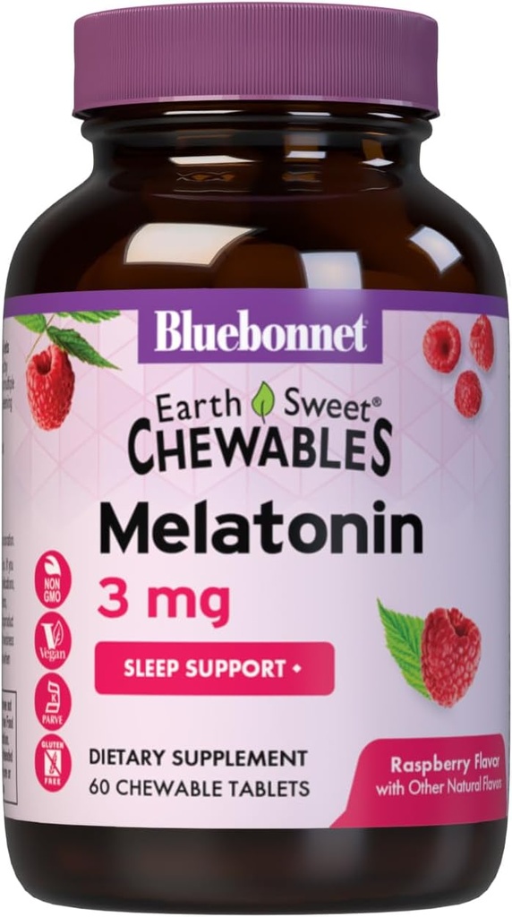 Bluebonnet Nutrition EarthSweet Melatonin 3 mg Fast- Actioning Quick Opløs Nighttime Afslapning & Restable Sleep Support - Sleep Aid - Gluten- Free, Vegan - Raspberry Flavor - 60 tyggetabletter