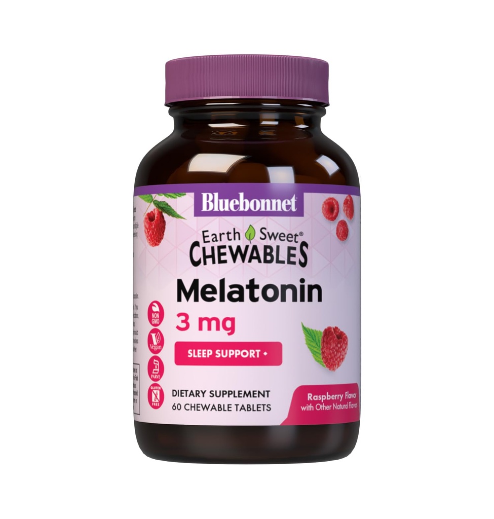 Bluebonnet Nutrition EarthSweet Melatonin 3 mg Fast- Actioning Quick Opløs Nighttime Afslapning & Restable Sleep Support - Sleep Aid - Gluten- Free, Vegan - Raspberry Flavor - 60 tyggetabletter
