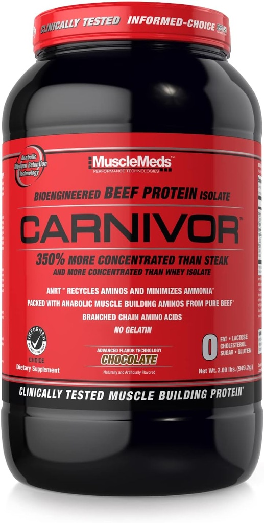 MuscleMeds CARNIVOR Beef Protein Isolate Powder, Muscle Building, Recovery, Lactose Free, Sugar Free, Fat, Free, 23g Protein, Halal Certified, Chocolate, 28 Servere