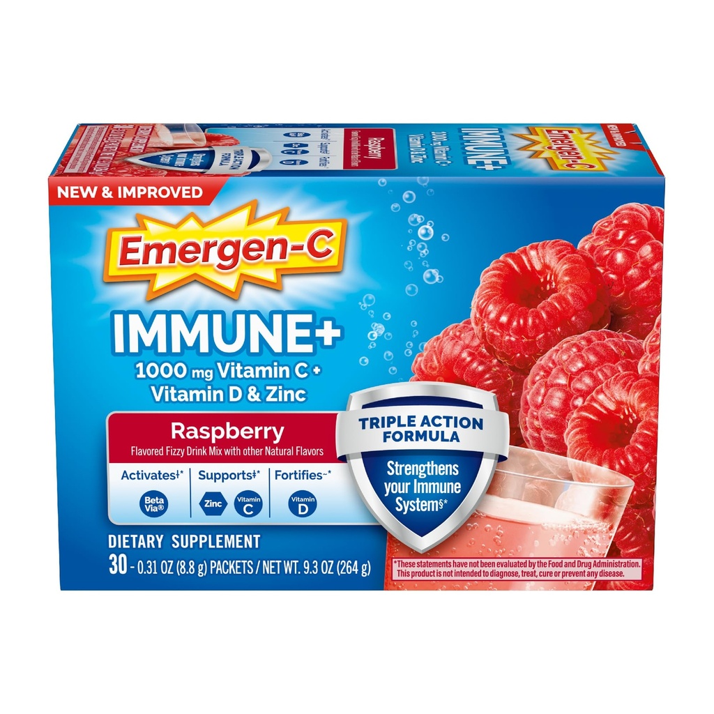 Emergen- C Immunum + Triple Action immunforsvar pulver, BetaVia (R), 1000mg C-vitamin, B-vitaminer, D-vitamin og antioxidanter, Hindbær, Tilbage til skolen Essentials - 30 Greve