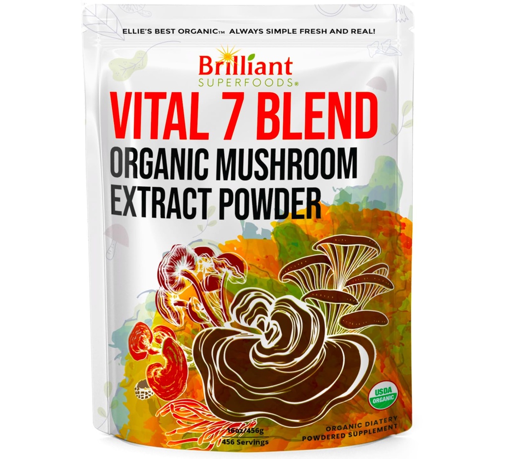 Ellie 's Best 7 Mushroom Powder Blend Supplement - Organic Reishi, Lion' s Mane, Chaga, Tyrkiet Tail, Cordyceps, Maitake & Shiitake - Dobbelt Extracted - 16oz / 456...
