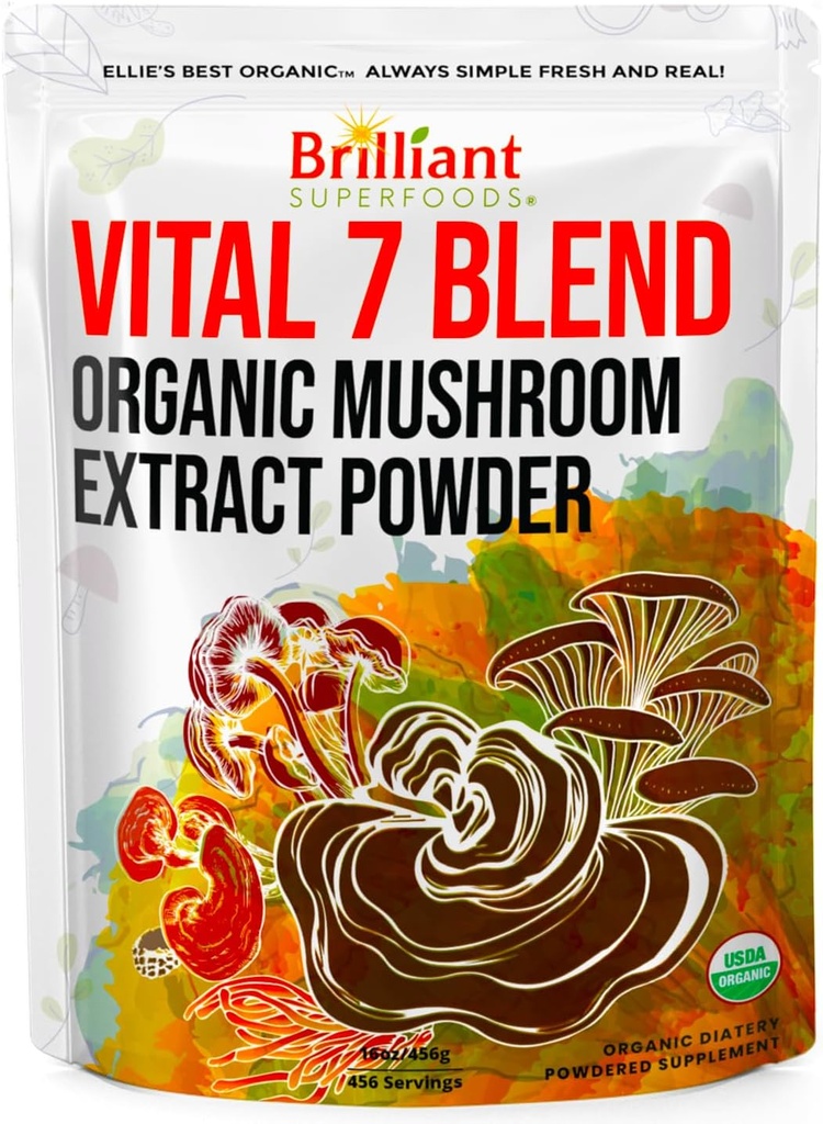 Ellie 's Best 7 Mushroom Powder Blend Supplement - Organic Reishi, Lion' s Mane, Chaga, Tyrkiet Tail, Cordyceps, Maitake & Shiitake - Dobbelt Extracted - 16oz / 456...