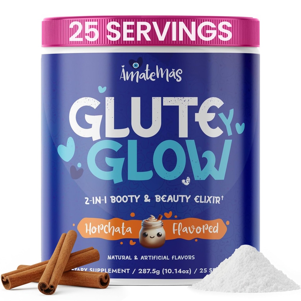 Glute Y Glow by Amatemas - Women 's Creatin + Biotin Supplement for muskelvækst, Glute Support, Hår Skin & Nails - Horchata Flavor - Energistøtte - Lean Muscle - Daglig Performance Blend