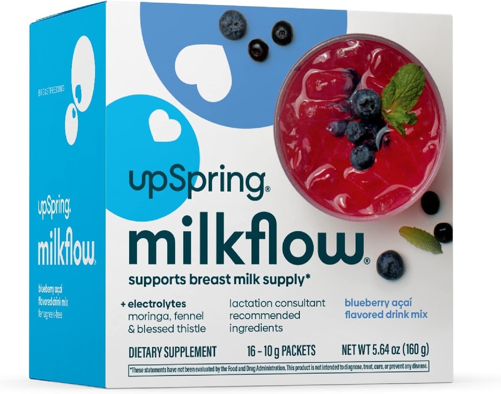 UpSpring Milkflow Elektrolyte Amning Supplement Drink Mix Fenugreek- Free, Moringa & Blueberry Acai Flavor, Amning Supplement til støtte Breast Milk Supply and Gendan Electrolytes, 16 mixes