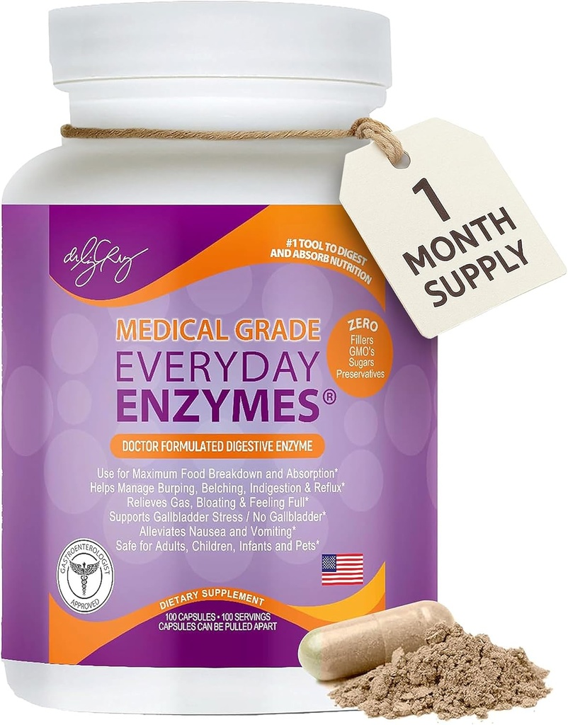 Dr. Liz Cruz Everyday ENZYMES - fordøjelsestillæg, kosttilskud, Medical- Grade Super Enzymes, Bloating, Gas and Reflux Relief for Women, Mænd, & Children Non- GMO, 100 Veggie Capsules