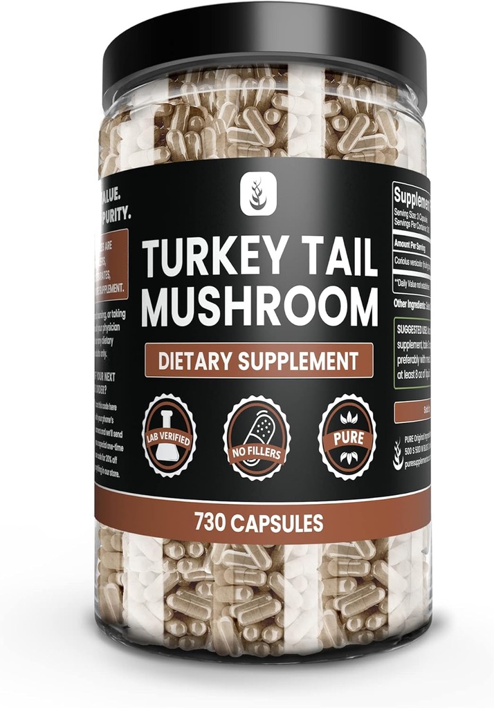 PURE ORIGINAL INGREDIENSER Tyrkiet Tail Mushroom (730 kapsler) Ingen Magnesium eller ris Fyldere, Altid Ren, Lab Verified