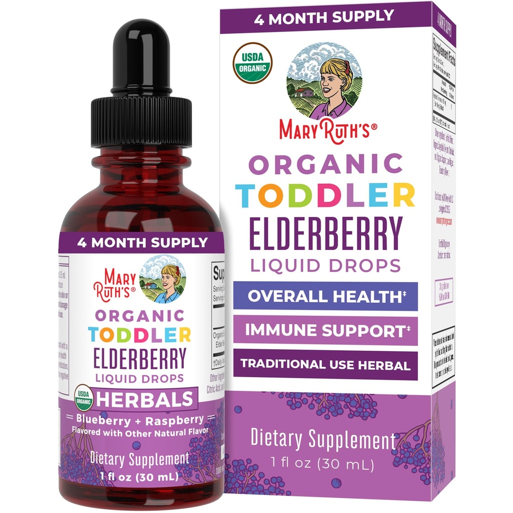 MaryRuth Organics Toddler Elderberry Syrup, USDA Organic Elderberry, Sukker Free Kids immunsupport supplement til alderen 1-3 År, Clean Label Project Verified ®, Vegan, Non- GMO, Gluten Free, 1 Fl Oz