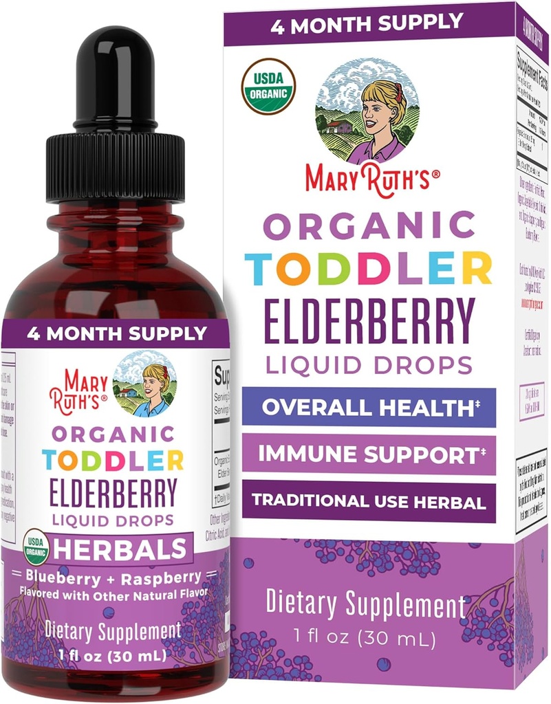MaryRuth Organics Toddler Elderberry Syrup, USDA Organic Elderberry, Sukker Free Kids immunsupport supplement til alderen 1-3 År, Clean Label Project Verified ®, Vegan, Non- GMO, Gluten Free, 1 Fl Oz