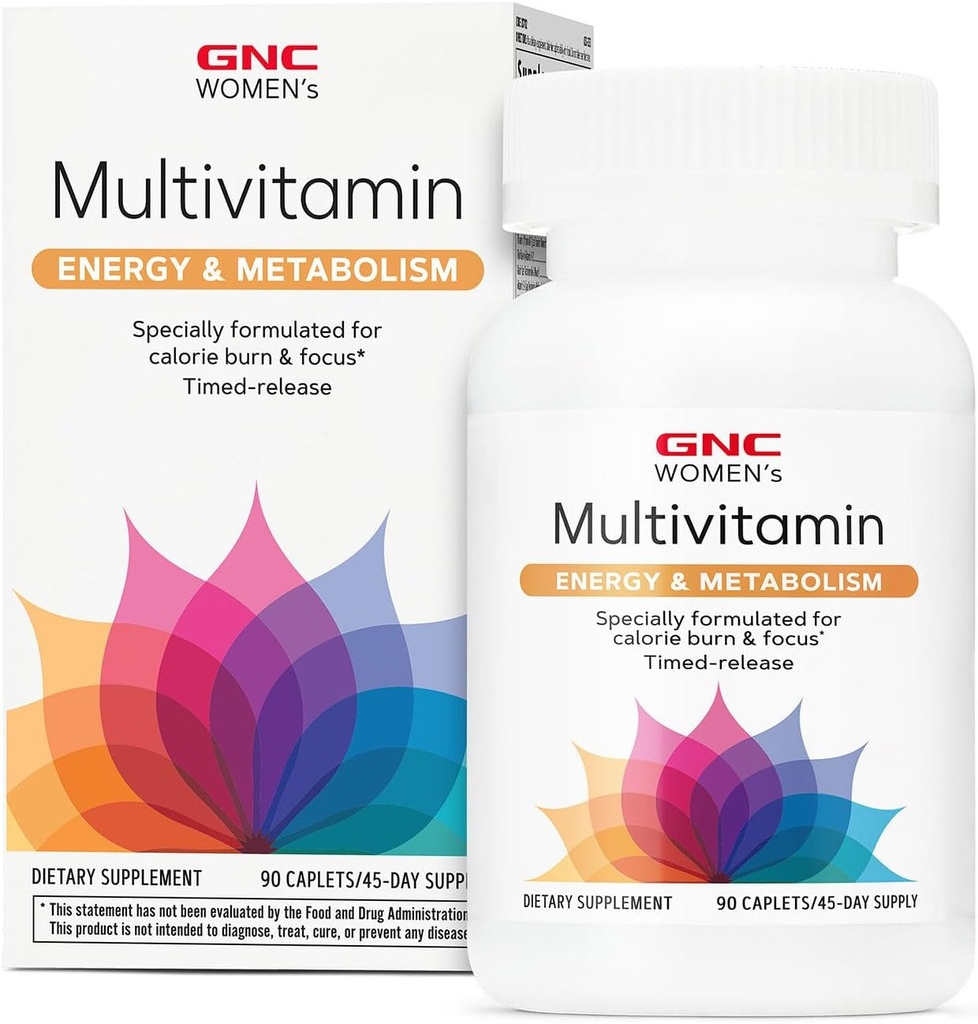 GNC Women’s Energy and Metabolism Multivitamin Caplets, Clinically Proven, Calorie Burn, Focus, 100mg Caffeine, Active Nutrition, Immune, Bone, Beauty, Iron, Biotin, Timed Release, 90 ct