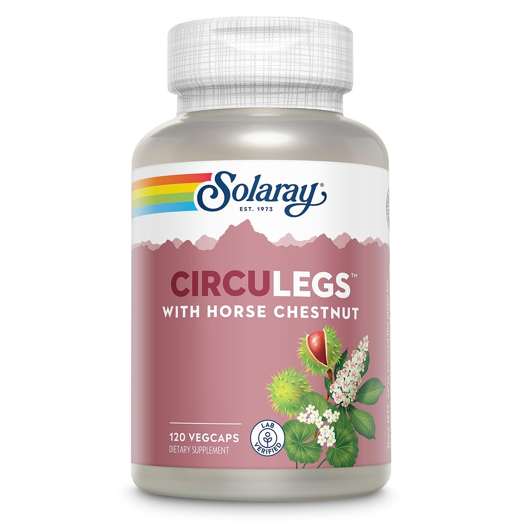 SOLARAY CircuLegs med Horse Chestnut Extract, Gotu Kola, Butcher 's Broom, og mere, Circulation og Vein Support for sunde ben, 60- dag garanti, Lab Verified (60 Serv, 120 VegCaps)