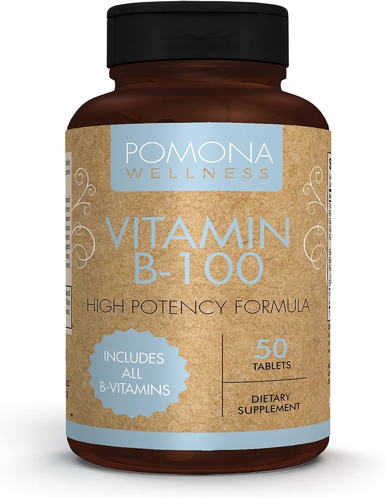 Pomona Wellness vitamin B Complex tillæg med folinsyre, høj potens Multivitamin, Alle 10 B vitaminer herunder B12, understøtter energiniveauer, hjerte sundhed, non-GMO, 50 tabletter