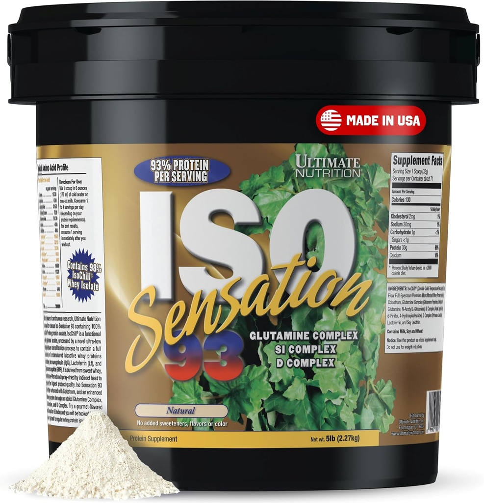 Ultimate Nutrition Whey Protein Isolate Powder med Glutamin Complex, ISO Sensation 93 - Whey Protein Powder med Tilføjet Colostrum for forbedret inddrivelse, Immunitet & Gut sundhed - Natural, 5lbs