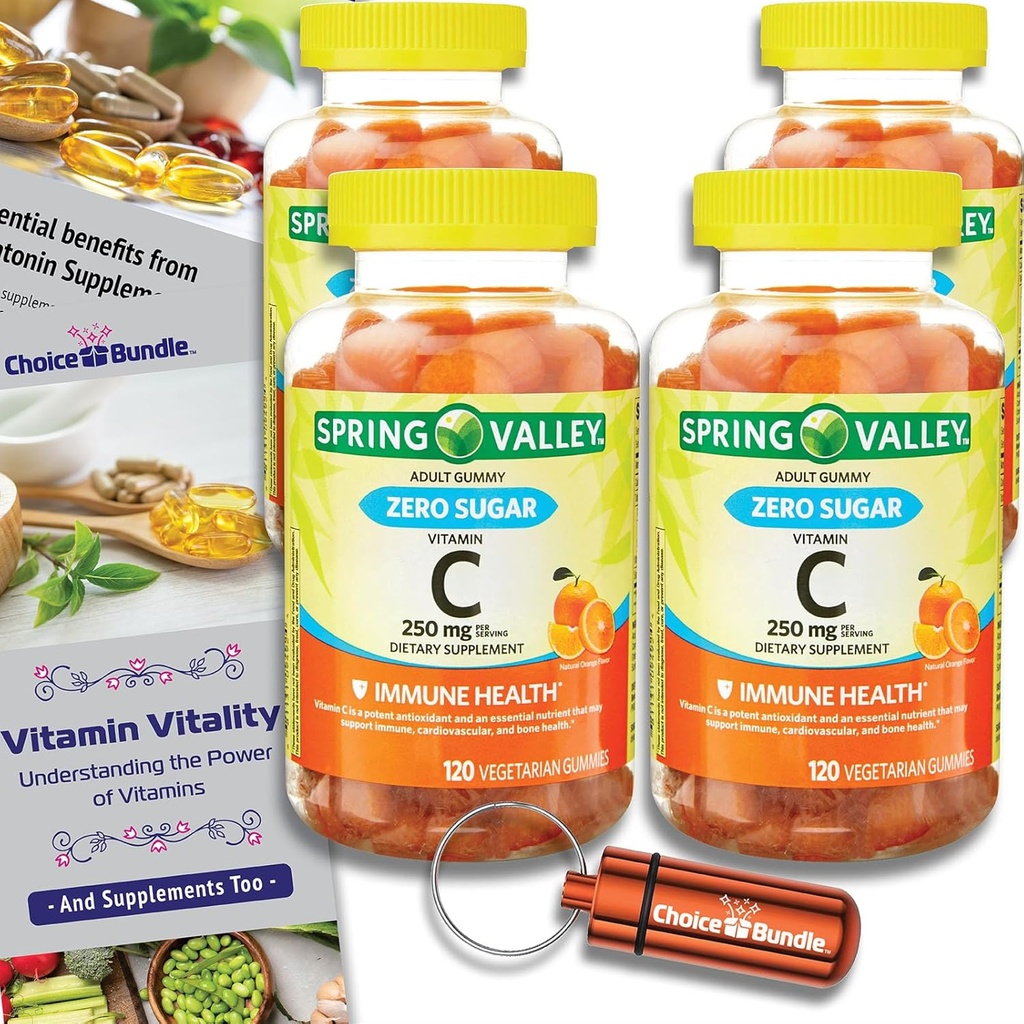 Valg Bundle Spring Valley Zero Sugar Vitamin C Gummies Kosttilskud 250 mg 120 Ct 4 stk. (480 i alt) + Vitamin Guide & Pill Container (6 genstande)!
