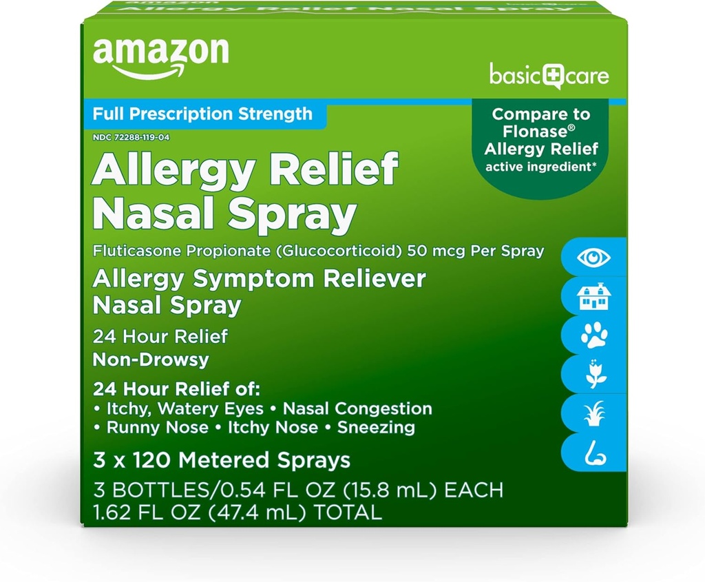 Basic Care 24- Hour Allergy Relief Nasal Spray, Fluticason Propionat (Glucocorticoid), 50 mcg, Fuld præsentationsstyrke, Non- Drowsy, 1,62 fl oz 0,54 fl oz (Pack of 3)
