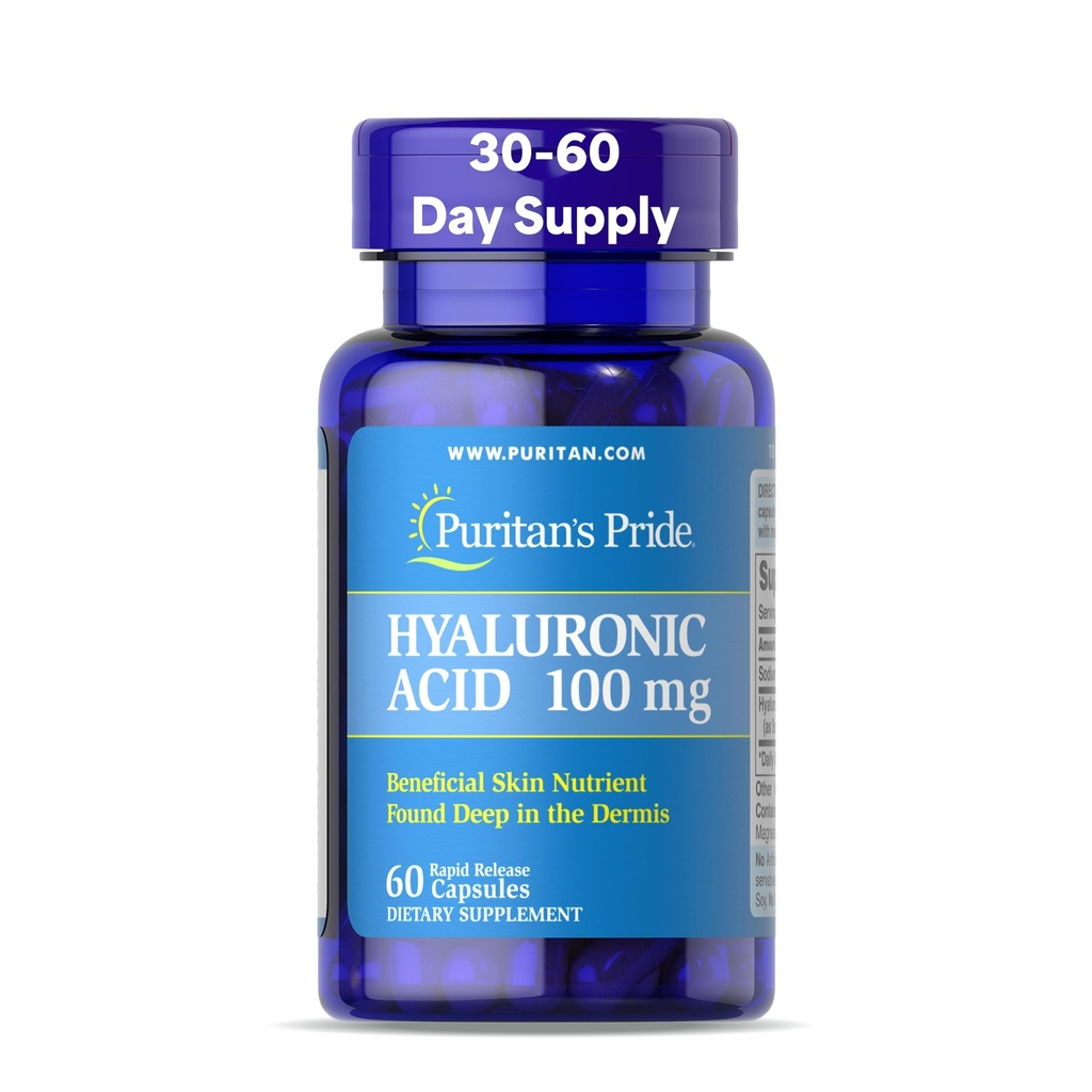 Puritans Pride Hyaluronsyre 100 mg, Kosttilskud til hudhygiejne, 60 hurtige udløsningskapsler