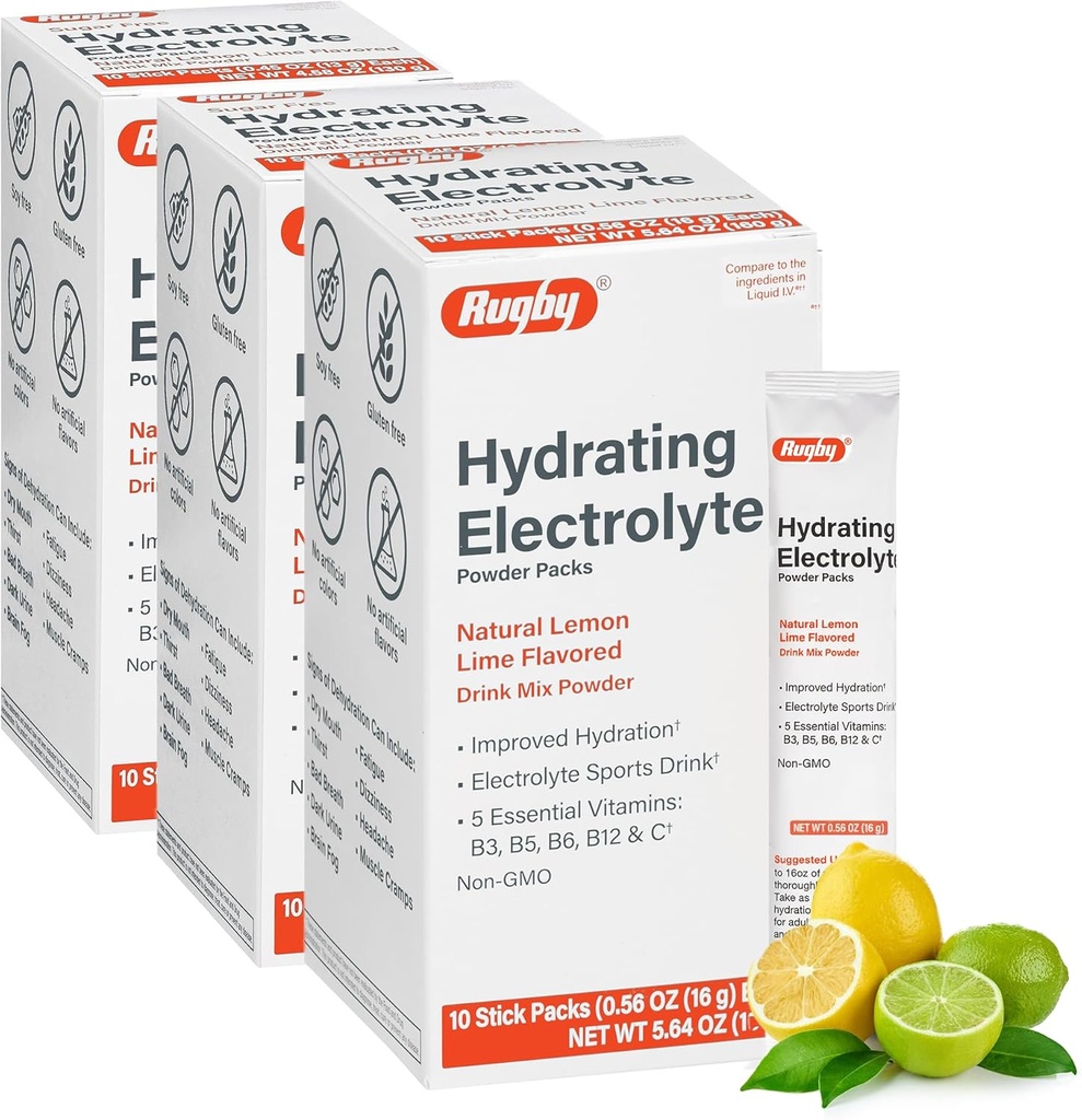Rugby Hydrating Electrolyte Powder Packs - Drink Mix Powder Packs with 5 Vitamin - Forbedret hydrering - Natural Lemon- Lime Flavor - 10 Stick Packs - 0,56 Oz Hver (3 Pack)