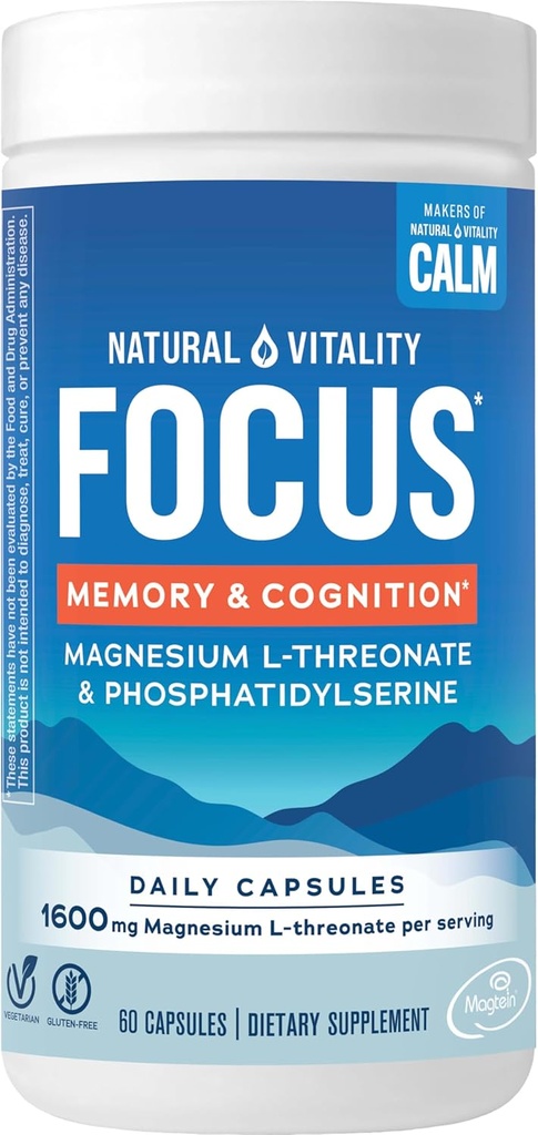 Naturlig Vitality Focus, Magnesium L- Threonat og Phosphatidylserin Nootrop Brain Kosttilskud til hukommelse, fokus og kognition, Gluten Free, Vegetar, 60 Kapsler