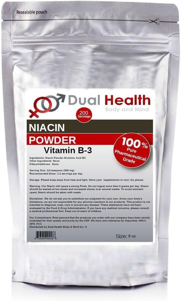 Niacin Pulver (8 oz) Vitamin B3 Bulk Supplement Umiddelbart frigive Niacin med flush Nicotinsyre Non- GMO, Vegan, Gluten Free Company Fast Absorption Ingen GMO 'er, Fillers, Additiver eller tunge metaller