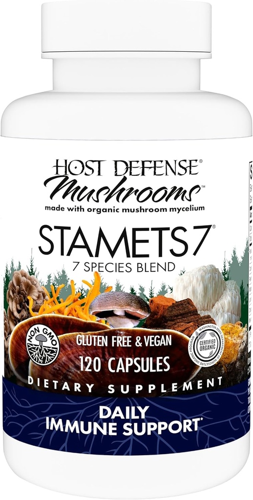 Værtsforsvar Stamets 7-7 Art Blend - Mushroom supplement til immunforsvar - Inkluderer Royal Sun Blazei, Cordyceps, Reishi, Maitake, Lion 's Mane, Chaga & Mesima - 120 kapsler (60 Servere) *