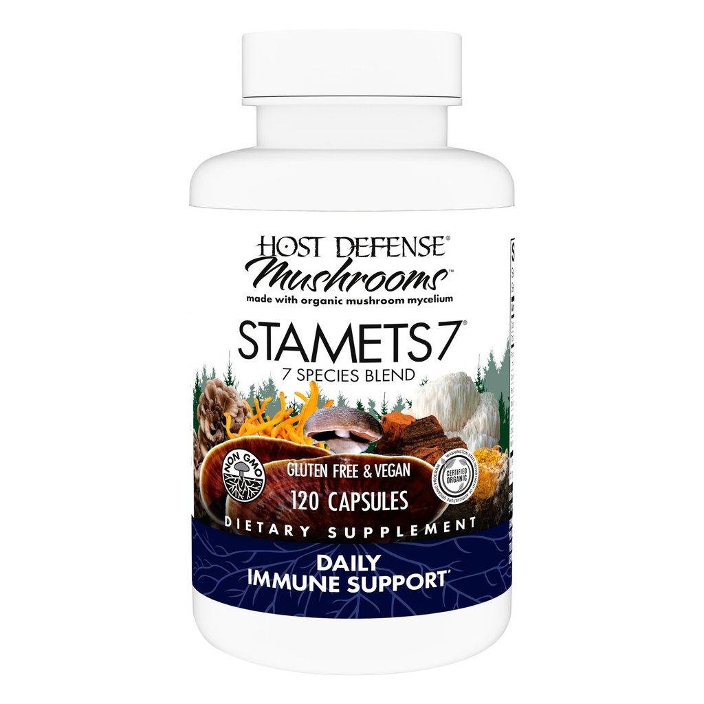 Værtsforsvar Stamets 7-7 Art Blend - Mushroom supplement til immunforsvar - Inkluderer Royal Sun Blazei, Cordyceps, Reishi, Maitake, Lion 's Mane, Chaga & Mesima - 120 kapsler (60 Servere) *