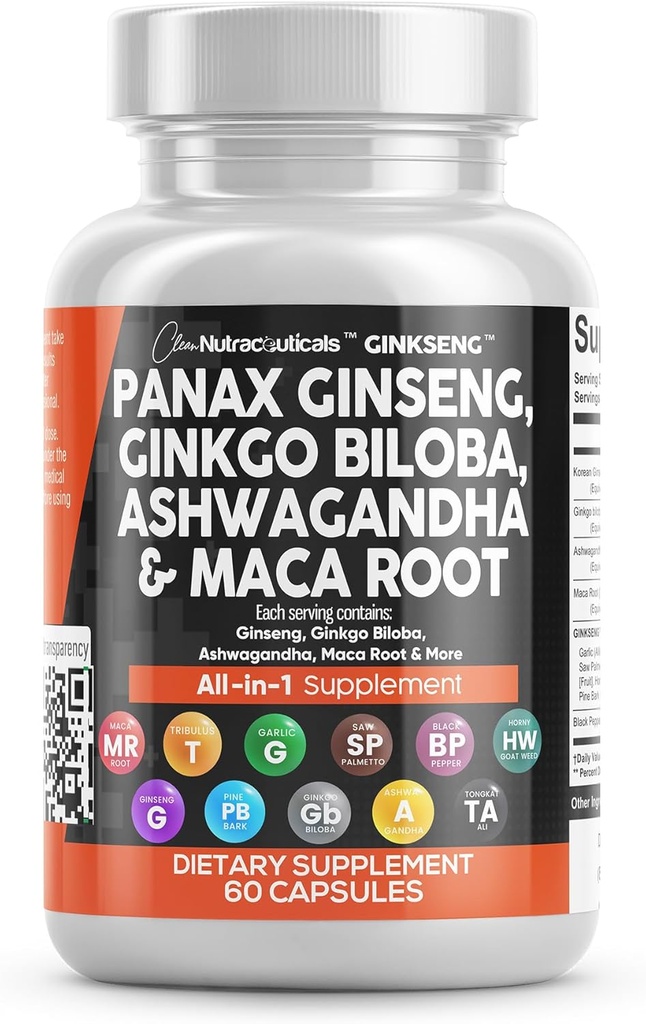 Clean Nutracatives Panax Ginseng Ginkgo Biloba Ashwagandha Maca Root - Focus Supplement piller til kvinder og mænd med Pine Bark Extract, hvidløg, og Saw Palmetto - 60 Caps
