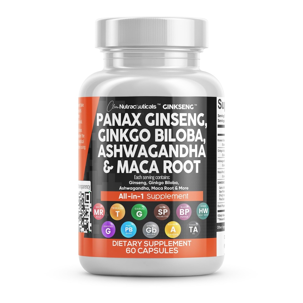 Clean Nutracatives Panax Ginseng Ginkgo Biloba Ashwagandha Maca Root - Focus Supplement piller til kvinder og mænd med Pine Bark Extract, hvidløg, og Saw Palmetto - 60 Caps