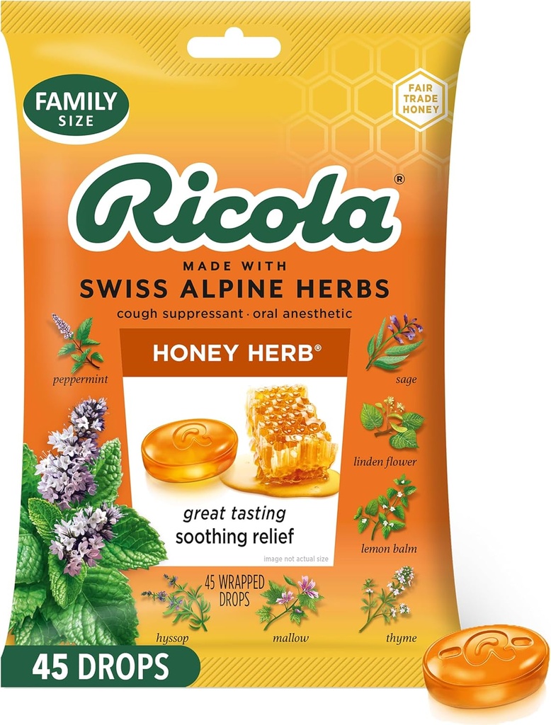 Ricola Honey Herb Hoste Drops, 45 Greve, Fair Trade Honey & Natural Menthol Hoste Suppressant & Halsen Lempelse Drops, Great Tasting Relief for Hoste & Hals Irritation Symptomer