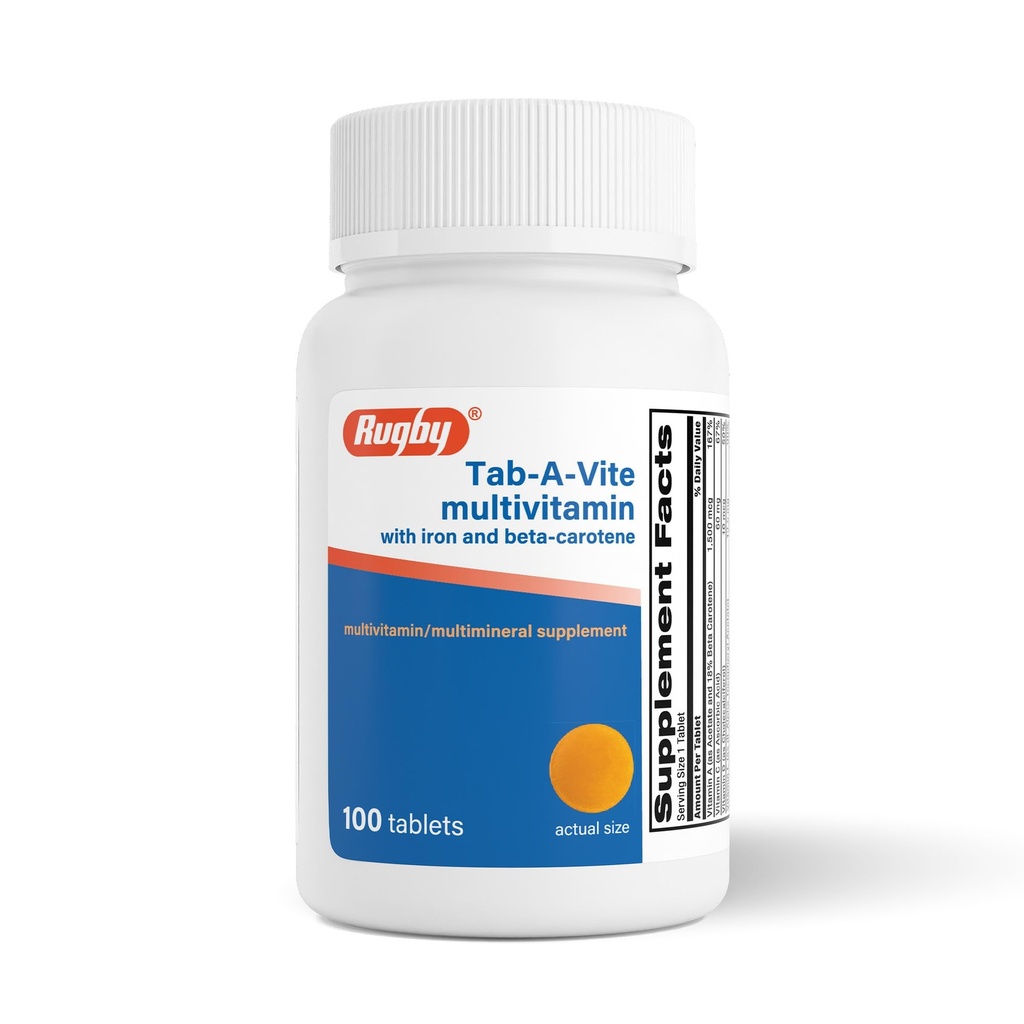 Rugby Tab- A- Vite Multivitamin med jern og beta- caroten - Daglig Multivitamin til voksne, Understøtter total sundhed, Multimineral Supplement - 100 tabletter