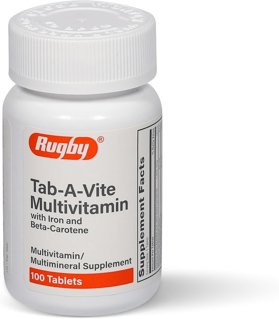 Rugby Tab- A- Vite Multivitamin med jern og beta- caroten - Daglig Multivitamin til voksne, Understøtter total sundhed, Multimineral Supplement - 100 tabletter