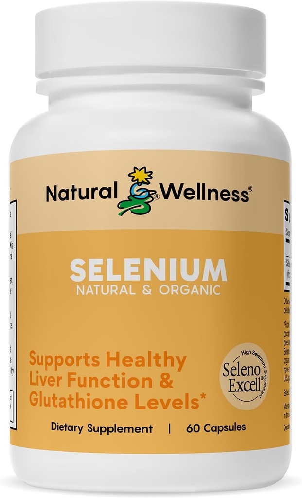 Naturlig Wellness Organic Selenium 200 mcg - Høj Absorption SelenoExcell Selenium supplement til antioxidant Support, Thyroid funktion, Metabolisme og immunforsvar - 60 kapsler, 60 dages forsyning