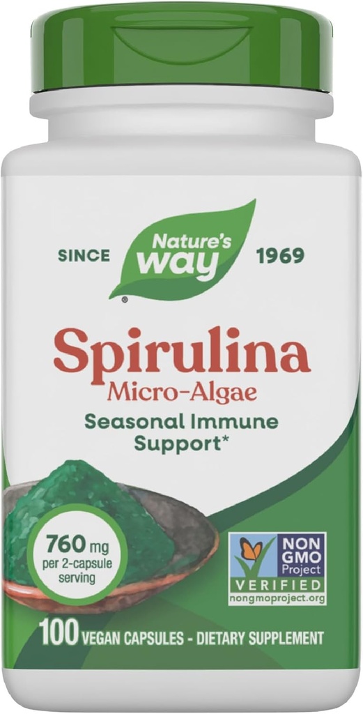 Nature 's Way Spirulina Micro- Alger, Sæsonimmun Support *, Kilde til vitamin A (Beta Caroten), 760 mg per servering, 100 Veganske kapsler (Packaging May Vary)