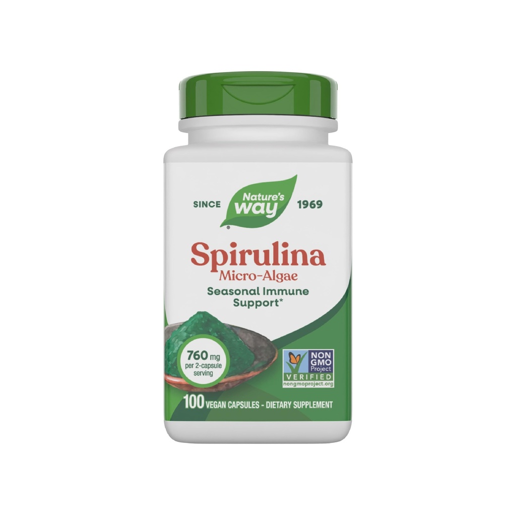 Nature 's Way Spirulina Micro- Alger, Sæsonimmun Support *, Kilde til vitamin A (Beta Caroten), 760 mg per servering, 100 Veganske kapsler (Packaging May Vary)