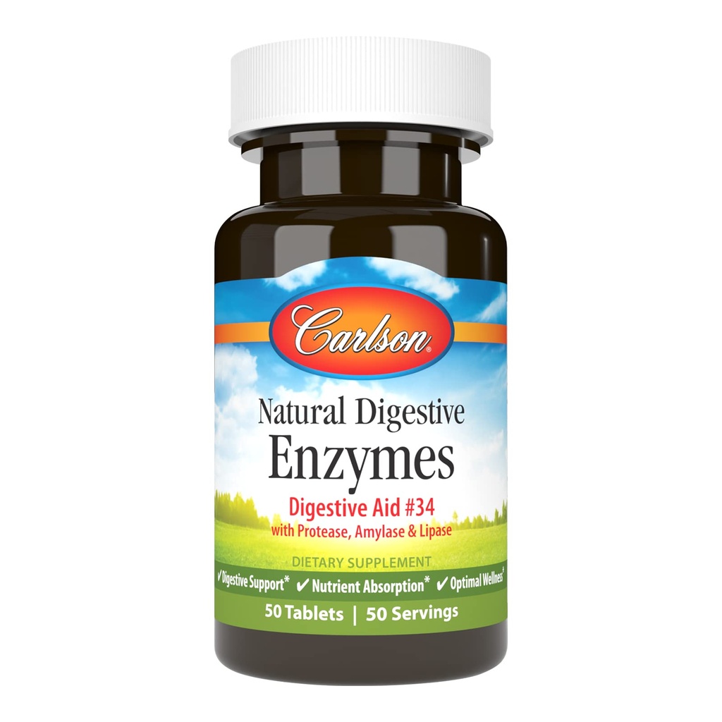 Carlson - Natural Digestive Enzymes, Digestive Aid #34 with Protease, Amylase & Lipase, Digestive Support, Nutrient Absorption & Optimal Wellness, 50 Tablets