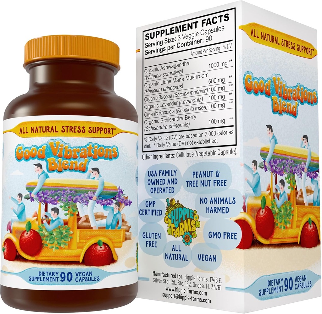 Stress, Mood, Energy Support - Ashwagandha Root, Lion's Mane & More - Good Vibrations Blend