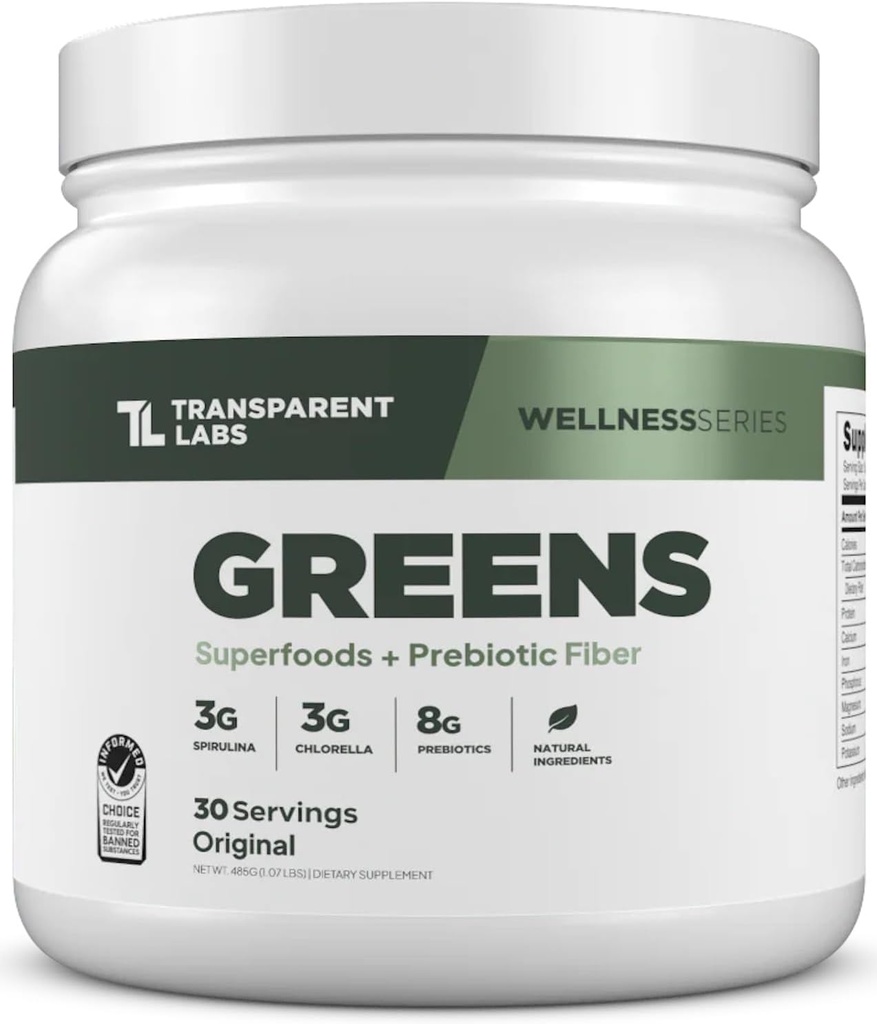 Transparent Labs Prebiotic Green - Superfood Powder & Antioxidants Supplement med Organic Spirulina, Chloerra, Acacia, & Green Banana Powder - 30 Servere, Unflavored