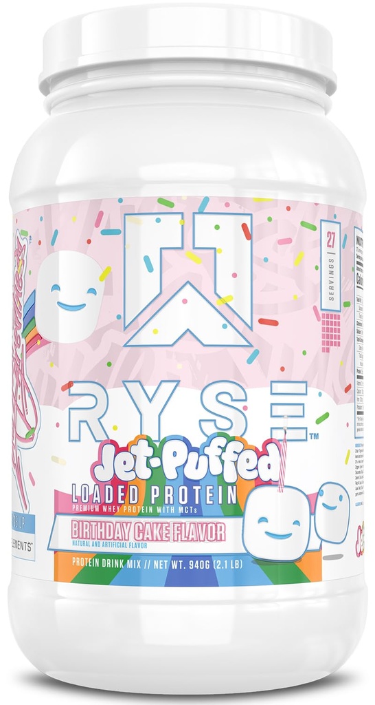 RYSE Indladet protein pulver - Jet- Puffed Fødselsdagskage - 25g Whey Protein Isolere & Koncentrat med Prebiotic Fiber & MCTs - Lavcarb, Lavsukker, Digitalt-Friendly - 27 Servering / 2 LB Tub